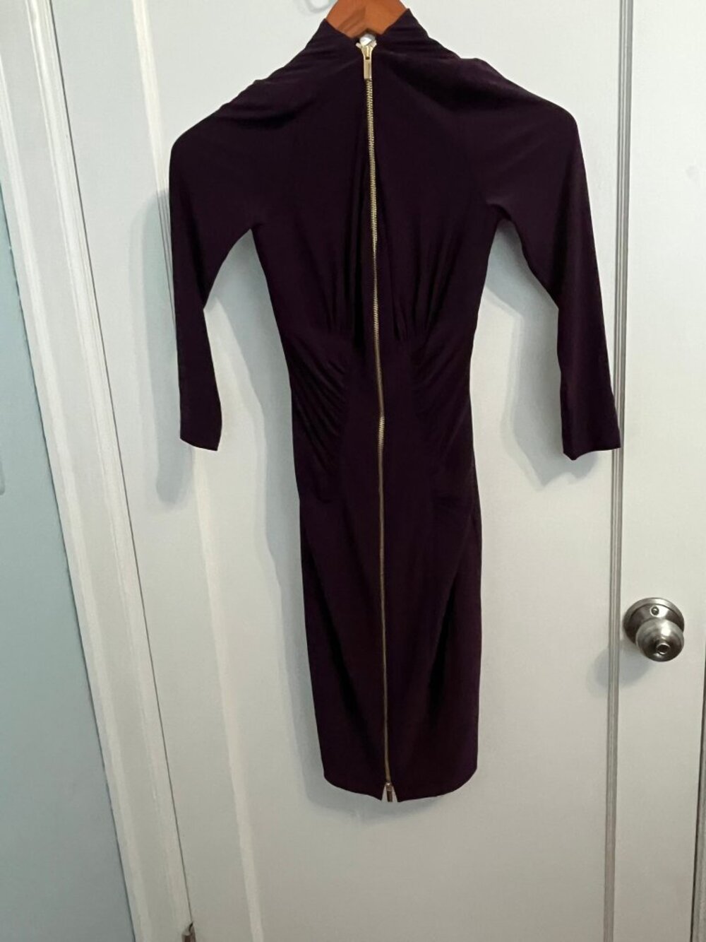 Cache Dress Plum Ruched Bodycon Midi Gold Zipper XS NWT $148